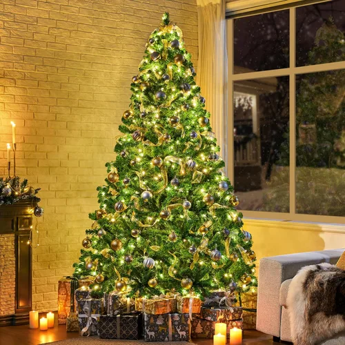 Vista 6 de Yaheetech Árbol de Navidad artificial preiluminado de 6 pies con luces incandescentes blancas cálidas, árbol de Navidad preiluminado completo Verde