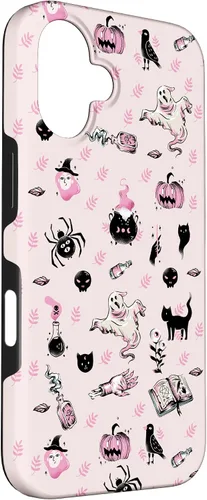 Vista 3 de iPhone 16 Vintage Halloween Case Pumpkins Ghosts Witch Skulls Pink Case