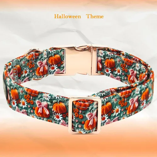 Vista 4 de Elegant little tail - Collar de otoño para mascotas con corbatín, lindo collar de Halloween con estampado de flores y calabaza para cachorros