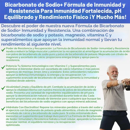 Vista 3 de Bicarbonato de sodio + fórmula inmune y de resistencia con bicarbonato de sodio sin aluminio, potasio, magnesio, VIT C y superalimentos. Polvo