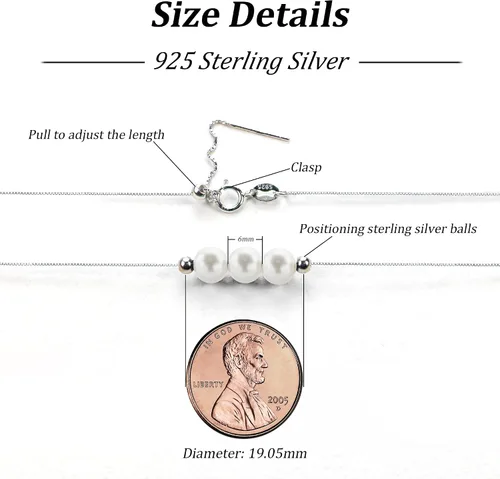 Vista 6 de Dainty Pearl Sterling Silver Choker Necklace for Women, Best Friend Necklace With 3 White Pearls, April Birthstone Necklace