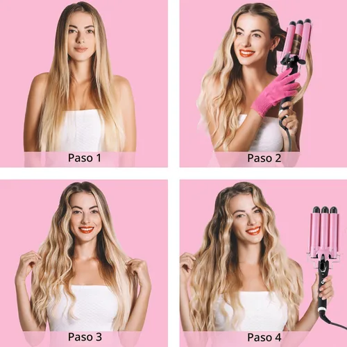 Vista 6 de Rizador de 3 barriles Aleath: Regalos de cumpleaños para mujeres, rizador de pelo de doble voltaje con temperatura ajustable, tres barriles