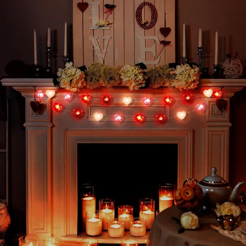 Vista 5 de Hiboom 2 tiras de luces de corazón para el día de San Valentín con temporizador de 10 pies, 30 luces LED en forma de corazón, 8 modos de Rojo