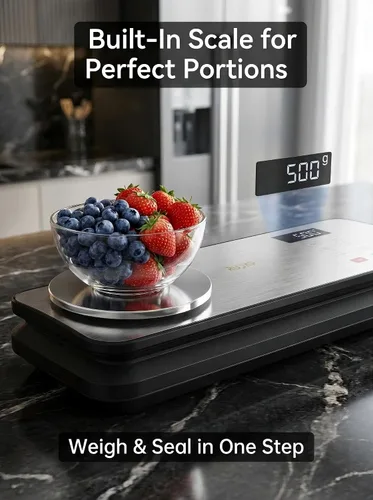 Vista 2 de Sellador al vacío para alimentos, potente máquina selladora al vacío de 90 kPA con báscula digital de cocina, sellador al vacío de alimentos 12 en 1