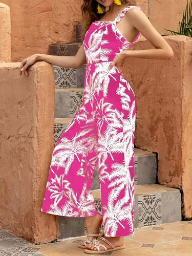 Vista 4 de Umenlele Enterizo casual bohemio sin mangas con cintura alta y pierna ancha para mujer