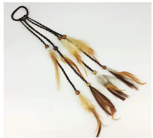 Vista 7 de 4 piezas de cuerda para el pelo de plumas gitanas hippies hechas a mano para mujer para cola de caballo bohemia, elásticos con plumas, diadema