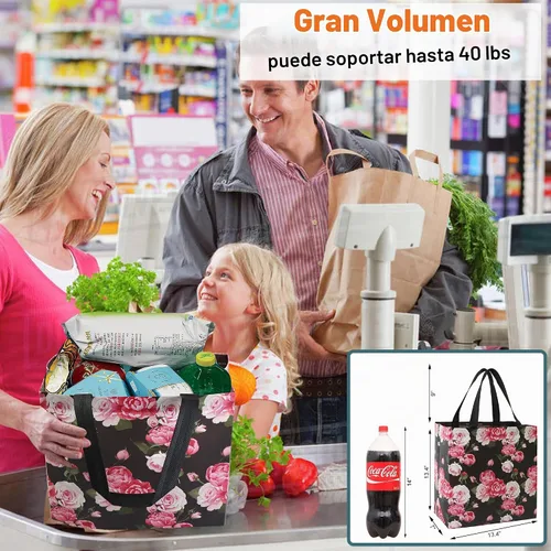 Vista 5 de BeeGreen Bolsas reutilizables con flores para comestibles, paquete de 6 - Grandes bolsas plegables con asas resistentes para comestibles pesados