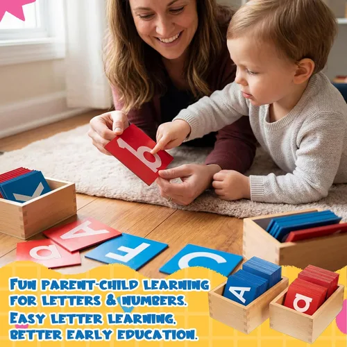 Vista 2 de Henoyso 2 Sets Sandpaper Letters with Boxes Lower and Capital Case Sandpaper Sensory Tactile Letters Recognize Alphabet for Phonics Learning
