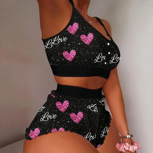 Vista 7 de XINSHIDE Pijama de San Valentín para mujer, suave estampado de corazón, camisola y pantalones cortos, conjunto de dos piezas con volantes, ropa