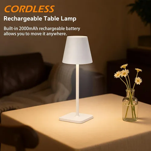 Vista 2 de Paquete de 2 lámparas de mesa inalámbricas recargables, funciona con pilas, lámpara LED táctil regulable con 3 temperaturas de color, lámpara
