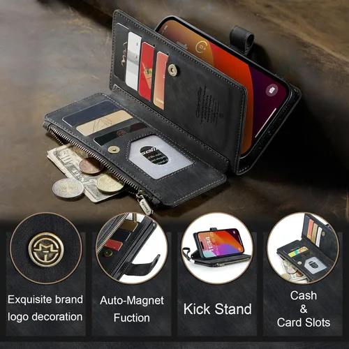 Vista 7 de CaseMe - Funda tipo cartera para iPhone 15 Pro Max, multifunción, hecha a mano, de piel sintética, con cremallera, a prueba de golpes, con cierre