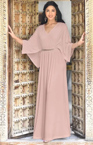 Vista 3 de KOH KOH Vestido largo y elegante para mujer, con cuello en V, manga murciélago, cóctel, caftán