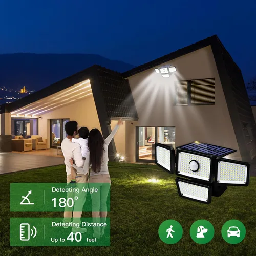 Vista 6 de Lámpara Solar con Sensor de 4 Cabezales, Luces Exteriores con Sensor de Movimiento 3000LM, 283 LED, 6500 K, Sensor de Movimiento, IP65 Impermeable