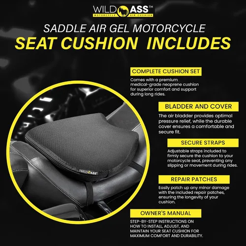 Vista 3 de Saddle Airgel - Cojín de asiento de motocicleta, almohadilla ergonómica de ajuste de aire con correas, ajuste universal para máxima comodidad