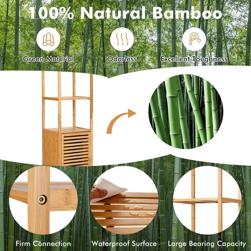 Vista 8 de LOKO Gabinete alto de bambú, gabinete de almacenamiento estrecho para baño con estantes de 3 niveles y puerta de obturador, gabinete de torre