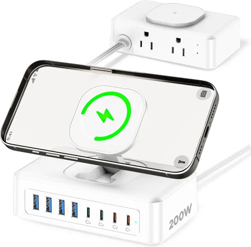 Vista 9 de Estación de carga USB de 200 W, regleta de alimentación USB C 11 en 1, 2 salidas AC y 8 puertos USB, cable de extensión de enchufe plano de 5 pies