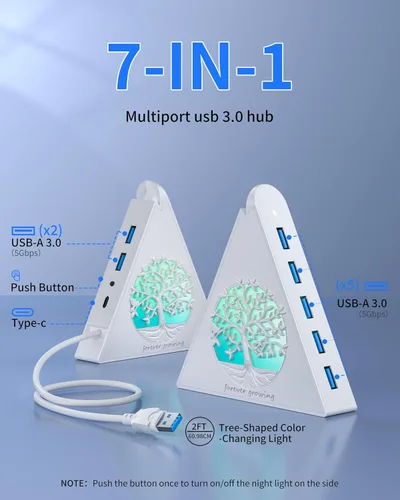 Vista 2 de Hub USB 3.0 de 7 puertos, divisor de concentrador USB vertical blanco con iluminación RGB en forma de árbol, transferencia de alta velocidad de 5