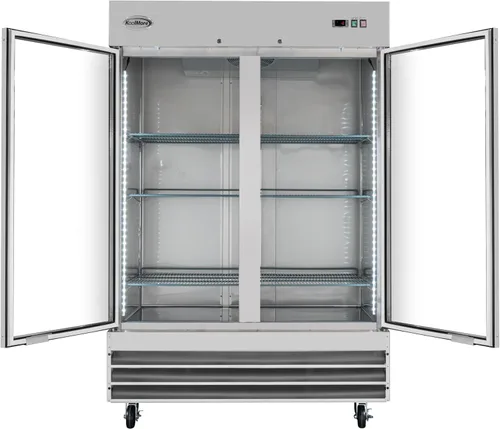 Vista 6 de KoolMore Congelador vertical comercial de acero inoxidable con puertas de vidrio de cierre automático, 6 estantes de almacenamiento, ruedas