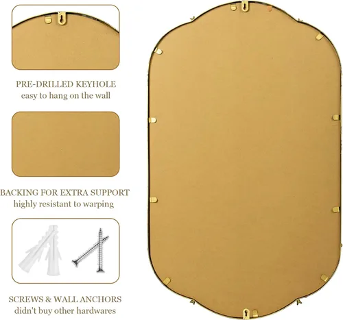 Vista 6 de Espejo de pared ovalado dorado de 19 x 32 pulgadas, espejo decorativo con marco de cuentas de metal, bonito patrón de pájaros y flores, espejo