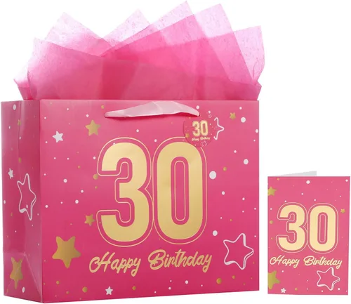 Vista 37 de Powbrace Bolsa de regalo de cumpleaños número 30 negra de 13 pulgadas con papel de seda y tarjeta de felicitación para fiestas, bolsa de regalo