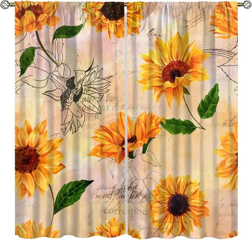 Vista 16 de Sunflower Curtains for Living Room Bedroom, Spring Nature Blue Sky and Butterfly Window Drapes, Rustic Wooden Fence Floral Botanical Decor, 2 Panels