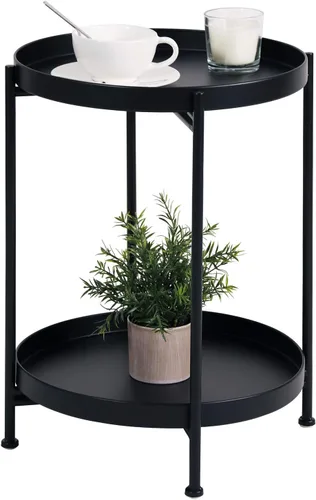 Vista 12 de Tiita 2 Pack Mesa Auxiliar Redonda Mesa de Centro Mesa Lateral de 2 Niveles Mesa de Noche/Mesa de Acento Pequeña de Hierro Mesa de Café para Sala