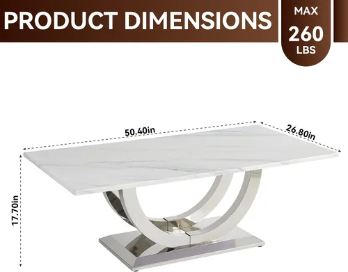 Vista 2 de Mesa auxiliar moderna de 50.4 pulgadas, mesa central de mármol sintético blanco con base de acero inoxidable en forma de U plateada, mesa de cóctel