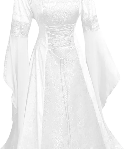Vista 4 de YMUQEIGH Cloak With Hood Women Retro Gothic Medieval Costume Halloween Cosplay Renaissance Dress Floor Length Lace Up Dress