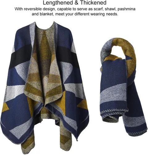 Vista 4 de OOPOR Chal cálido de invierno para mujer, capa de lana de punto para otoño, ponchos a cuadros, suéter, bufanda de forro polar