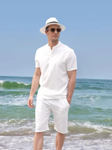 Vista 2 de COOFANDY Conjunto de 2 piezas de lino para hombre, camisas Henley casuales de manga corta, pantalones cortos de yoga para la playa, pantalones