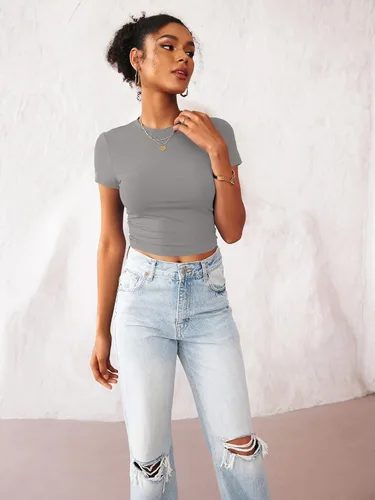 Vista 3 de TECREW Camiseta corta de verano para mujer, de manga corta, estilo casual, básica, cuello redondo, ajustada