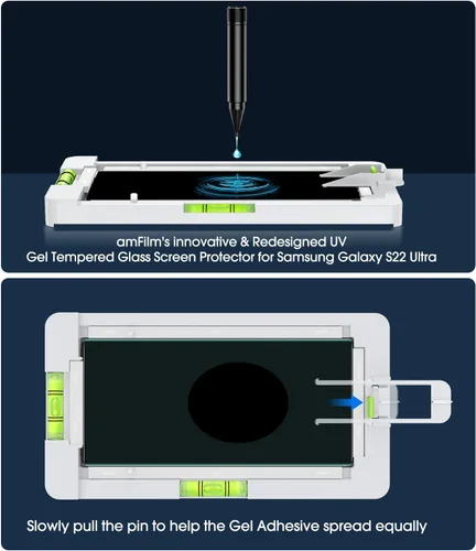 Vista 5 de amFilm Protector de pantalla de vidrio para Samsung Galaxy S22 Ultra, curvado 3D con tecnología de dispersión de líquidos, diseñado para lector