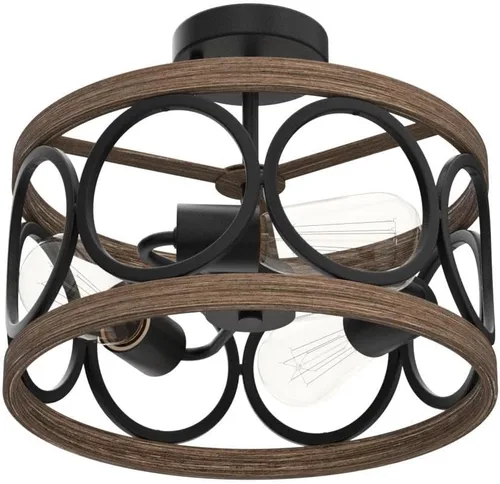 Vista 4 de MEIXISUE Lámparas de Techo de Montaje Semi-empotrado Estilo Granja Moderna, 3 Luces Acabado Negro y Madera Retro, Pantalla de Tambor Lámparas