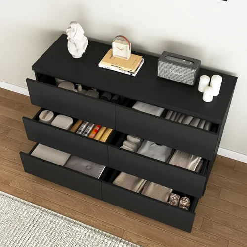 Vista 8 de Cómoda negra de 6 cajones para dormitorio, cómoda de cajones profundos moderna con diseño sin tirador, cómoda de almacenamiento con cajones, mueble