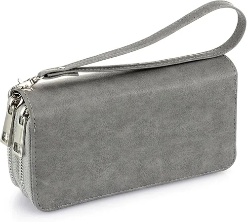 Vista 8 de Cartera de doble cierre para mujer, con correa de mano, para tarjetas, dinero en efectivo, monedas, celular