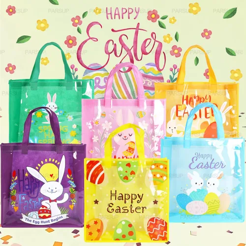 Vista 3 de 6 bolsas de caza de huevos de Pascua felices, bolsas de regalo de huevos de zanahoria con asas, bolsas multifuncionales no tejidas para envolver