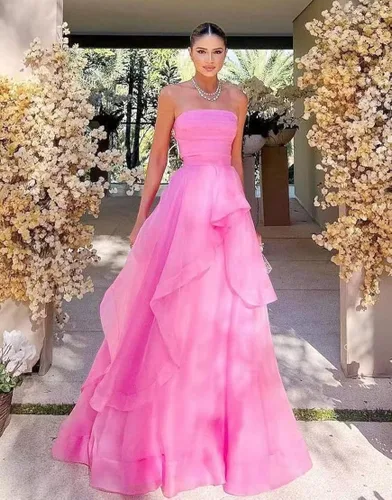 Vista 2 de Vestidos de fiesta sin tirantes largos con cordones en la espalda vestido de tul mujeres formal A-Line tubo volante DR0181