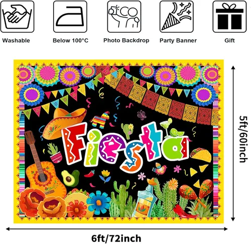 Vista 2 de Avezano Telón de fondo de fiesta para fiesta – Cartel de cabina de fotos de cumpleaños con temática mexicana, decoraciones de fiesta de Luau Cinco