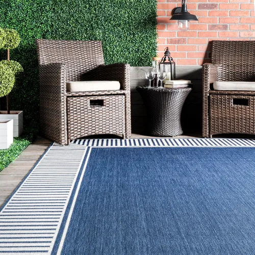 Vista 5 de nuLOOM Tapete de área para exteriores, diseño informal con borde a rayas, resistente a las manchas, altamente duradero, para patio, balcón, Azul