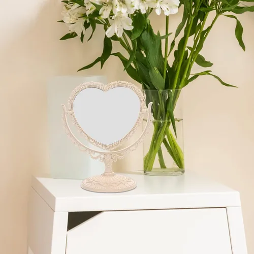 Vista 8 de Lurrose - Espejo de tocador con forma de corazón, espejo de maquillaje de doble cara con espejo de mesa de 360 grados con soporte para baño