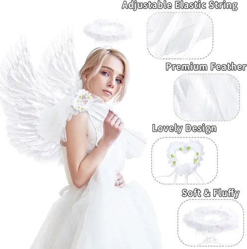 Vista 2 de Takmor Alas de ángel para adultos, disfraz de alas de ángel y halo de ángel para mujeres y niñas, disfraz de alas para Halloween