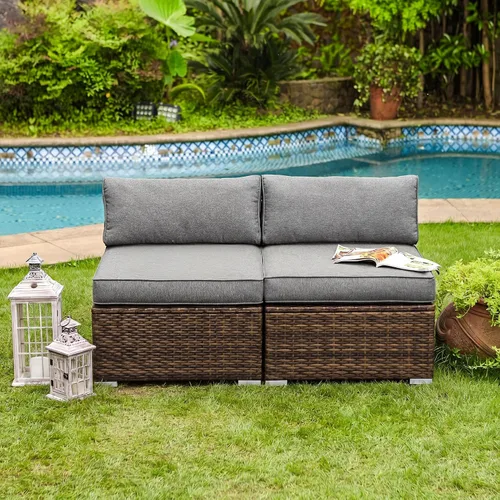 Vista 3 de COSIEST Juego de 2 sillas complementarias sin brazos para muebles de exterior para expandir sofá seccional de mimbre marrón chocolate con cojines