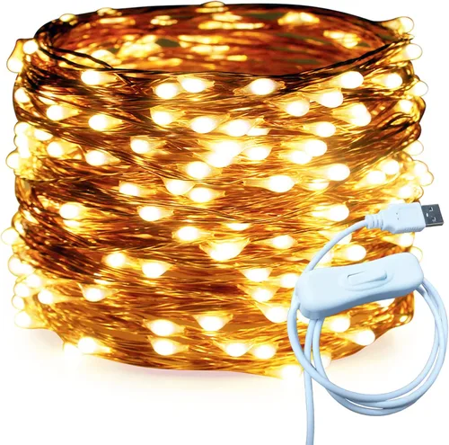 Vista 10 de RUICHEN Alambre de cobre de 33 pies, 100 luces LED USB con interruptor de encendido/apagado, verde