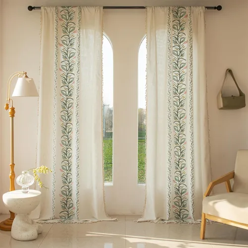 Vista 30 de BHUSB Cortinas rústicas para sala de estar de 63 pulgadas de largo, cortinas de ventana de lino y algodón con estampado floral bohemio, cortinas