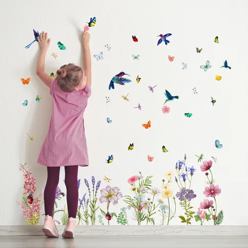 Vista 5 de Supzone Calcomanías de pared de flores, mariposas, crisantemos, libélulas, calcomanías de pared para despegar y pegar, calcomanías de flores