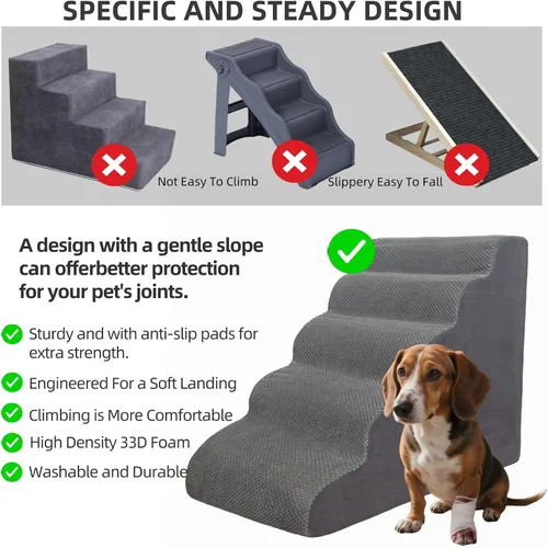 Vista 7 de Rampa de escaleras para mascotas de 5 escalones para sofás de cama alta de 23 a 30 pulgadas con almohadillas resistentes antideslizantes e