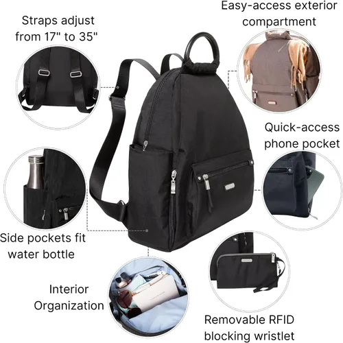 Vista 3 de Baggallini Mochila todo el día para mujer con pulsera de teléfono RFID, Negro, talla única