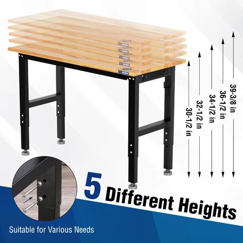 Vista 3 de WORKPRO Banco de trabajo de garaje ajustable, escritorio de trabajo resistente con parte superior de madera de goma de 48 x 22 pulgadas, con tomas