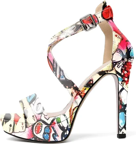 Vista 2 de AUMOTED Sandalias de punta abierta con tiras cruzadas para mujer, plataforma con correa al tobillo, tacón alto, zapatos de vestir, zapatos de tacón