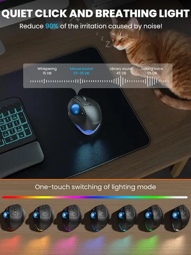 Vista 8 de MAM1 Pro - Ratón inalámbrico de Trackball, ergonómico Bluetooth recargable, mouse de pulgar retroiluminado con 5 niveles DPI, ángulo ajustable